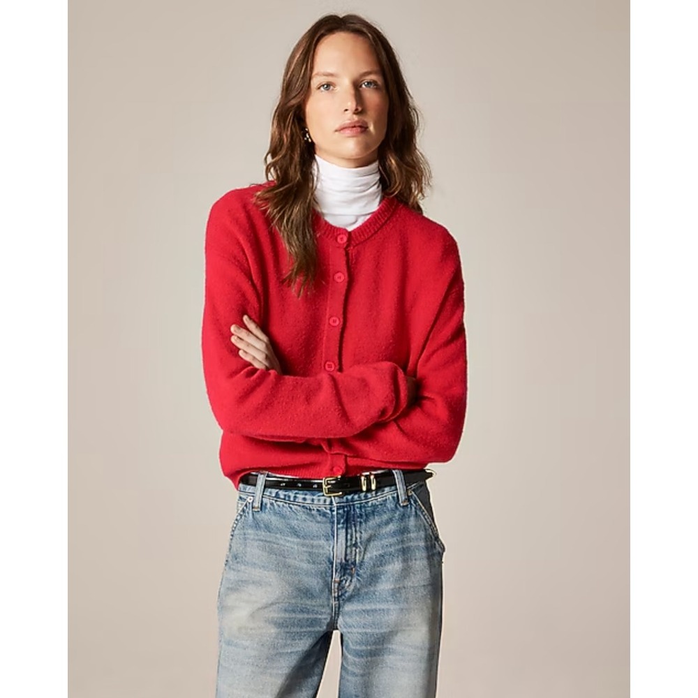 NWT J.Crew Supersoft Bubble Hem Cardigan in Cherry Red Crew Neck Cardigan 2X